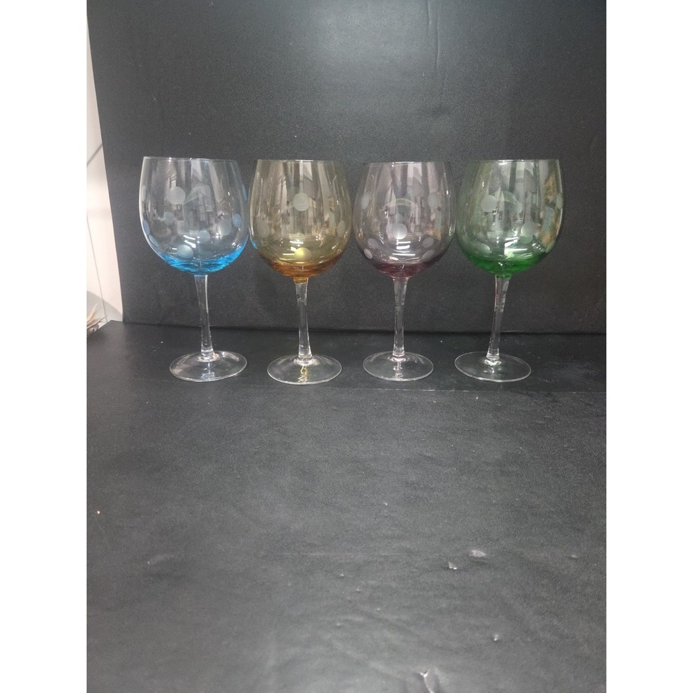 Artland‎ Polka Dot Balloon Wine Glasses, Yellow Purple Green Blue, Set of 4, Vtg